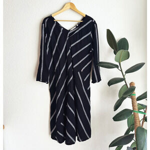 Soft Surroundings Womens Midi Linen Blend Dress 1X Striped Coastal Lagenlook